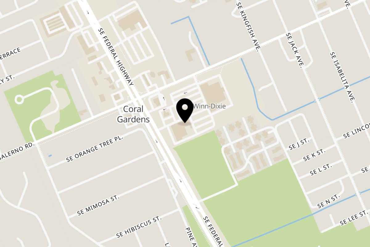 Map showing the location of Salerno Pizza on 5557 SE Federal Hwy in Stuart